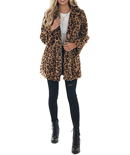 Sexyshine Women's Leopard Print Faux Fur Coat Winter Fall Lapel Collar Fuzzy Fleece Fur Jackets with Pockets4