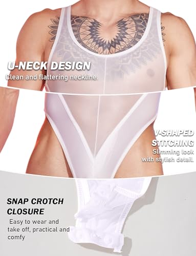 FEOYA Herren Body Glänzende Bodysuit Ärmellos Overall Unterwäsche Wrestling Unterhemd Einteiler Transparent Tank Top