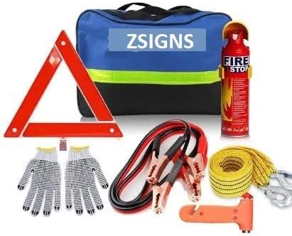 ZSIGNS Car Emergency Kit, 7 in 1 Multifunctional Roadside Assistance Auto Safety Kit, Jumper Cables, Tow Rope, Triangle, Safety Hammer, gloves and fire extinguisher