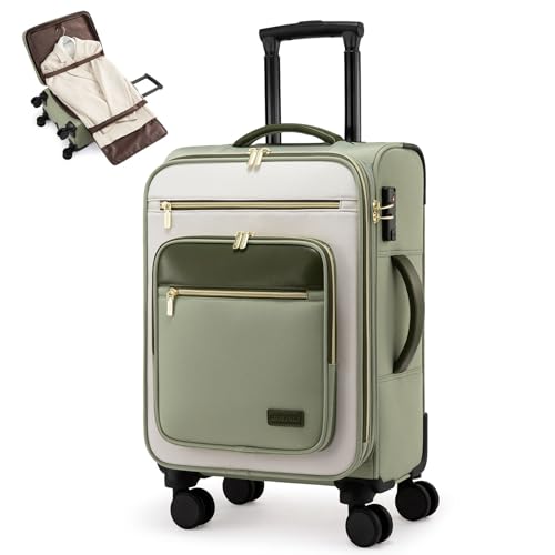 LOVEVOOK Carry on 22x14x9 Airline Approved,20 inch Lightweight Waterproof Suitcases with 360° silent swivel wheels, TSA Lock and Compartment, Large Capacity travel Suitcase Green-white