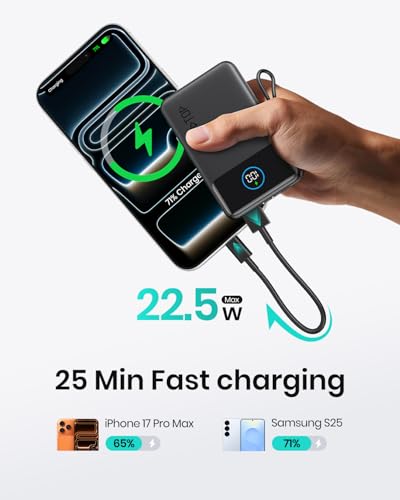 A ADDTOP UltraSlim 10000mAh Power Bank, 22.5W Fast Charging Portable Charger with Built-in USB C Cables, 20W PD Lightweight External Battery Pack with LED & 2 Flashlight for iPhone 17 16 15 14 Galaxy - Image 3