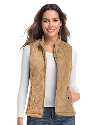 Longking Camel Women's Outwear Vest, Stand Collar Lightweight Zip Quilted Vest For Women L #TOP2