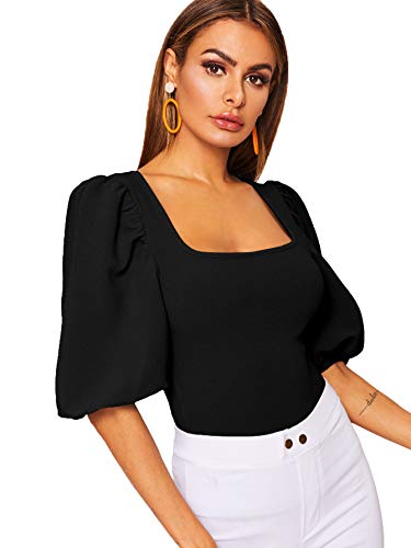 Romwe Women's Casual Puff Sleeve Square Neck Slim Fit Crop Tee Tops Black Us 8/Medium #TOP3