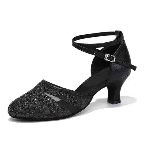 HIPPOSEUS Zapatos de Baile Latino Mujer 5 cm Tacon Bajo Negro Lentejuelas de Salón Cerrados Salsa y Bachata Tango Calzado para Bailar, 38 EU