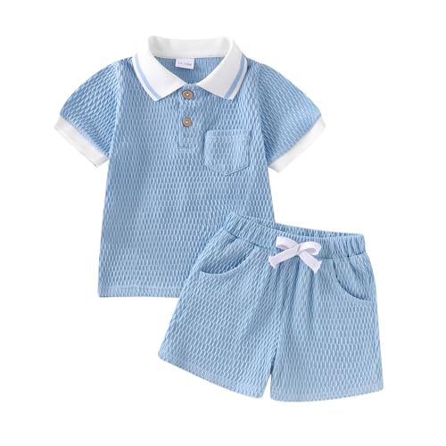 DOMOABEI Toddler Boys Clothes 2T Summer Outfits Polo Shirts Top Solid Short Sleeve T Shirts and Shorts Pocket Boys Fashion Sweatsuit 2pc Set Blue 2-3T