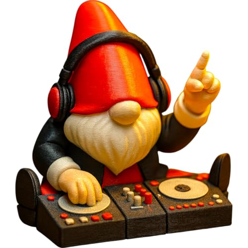DJ Gnome Figurine with Headphones and Turntables – Funny Garden Gnome Music Decor for Shelf, Studio, or Party Display – 3D Printed in Canada