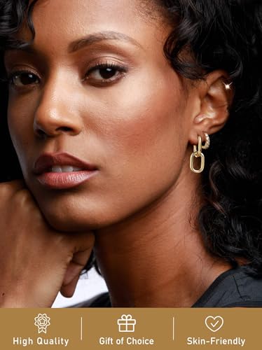 Gold Hoop Earrings for Women, Trendy 14K Gold Plated Hypoallergenic Link Huggie Earrings Stack, Dainty Dangle Earrings Set for Multiple Piercing3