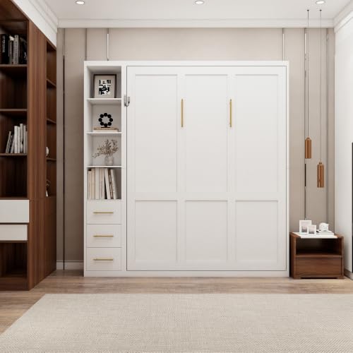 Image of KEIKI Queen Size Vertical Cabinet Murphy Bed with 1 Side Cabinet, Multifunctional Foldable Hideaway Wall Metal Bed Frame with Slats, No Box Spring Needed, Easy Assembly, for Bedroom, Guest room, White