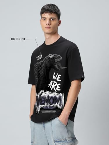 Image of Bewakoof X Marvel Venom Men's 100% Cotton Graphic Print Oversized Fit Half Sleeve Round Neck T-Shirt | Casual Wear | Street Wear | Oversized t Shirt for Men Cotton | Baggy
