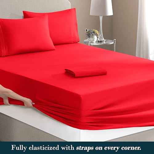 Image of Mocassi Luxury 6-Piece Sheet Set, Ultra Soft 1800 Premium Hotel Quality Microfiber Sheet Set, Fits Mattresses Up to 18 to 24 Inches Extra Deep Pocket - Breathable and Secure Fit, Queen, Red
