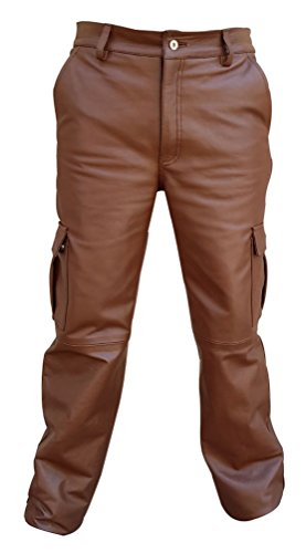 Mens Real Brown Leather 6 Pockets Cargo Pants Jeans Fully Lined2