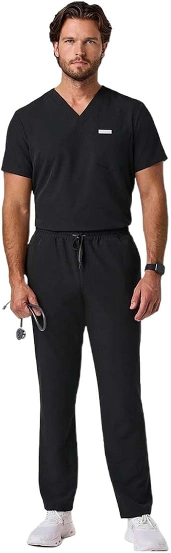 JAANUU UltraLAST Essential Performance Mens 5-Pocket Scrub Set Durable 4-Way Stretch, Adjustable Waist, Top & Pants - Black, L