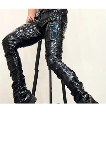 Men's Faux Leather Stacked Pants Stretchy Reflective PVC Slim Fit Clubwear3