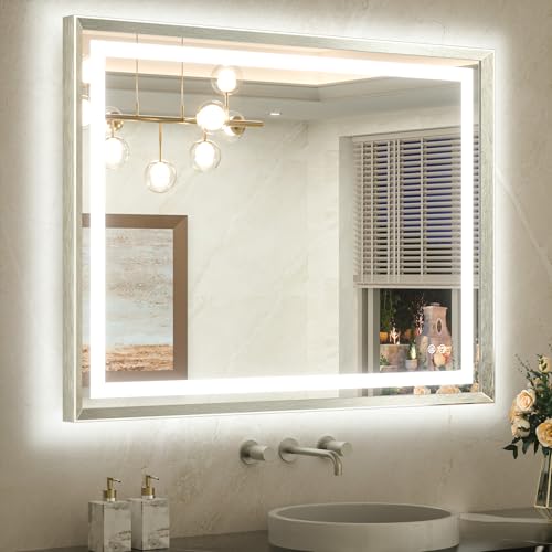 TETOTE 40 x 32 Led Mirror Brushed Bright Nickel Metal Frame Frontlit & Backlit Vanity Mirror Anti-Fog Stepless Dimmable 3 Colors White/Warm/Natural Wall Mirror with Lights Wall-Mounted