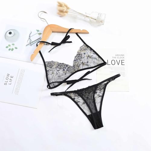 Image of SSoShHub Women Lingerie Set Lace Teddy Strap Babydoll Bodysuit Embroidery Bra and Panty Set