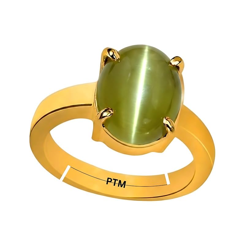 PTM Natural Cats Eye/Lahsunia 3.25 to 10.25 Ratti or 3.00 to 9.50 Carat Astrological Certified Gemstone Panchdhatu/5 Metals Gold Plated Adjustable Ring for Men and Women