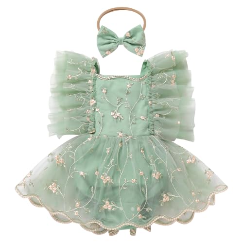 ODASDO Baby Girl Floral Embroidery Tulle Tutu Princess Romper Dress First Birthday Cake Smash Outfit with Bowknot Headband
