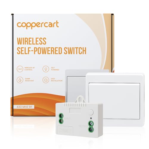 Interruptor inalámbrico y sin pilas – Kit con 1 interruptor de pared + 1 receptor – Instalación fácil y sin cableado – Funciona sin batería – Compatible con iluminación interior y exterior – 100-230 V