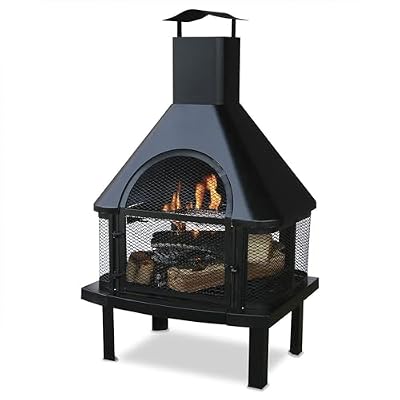 Four Seasons Courtyard Wood Burning Fireplace Outdoor Steel Chimney Rectangular Fire Bowl for Backyard Patio or Deck Bonfire Heating, Black
