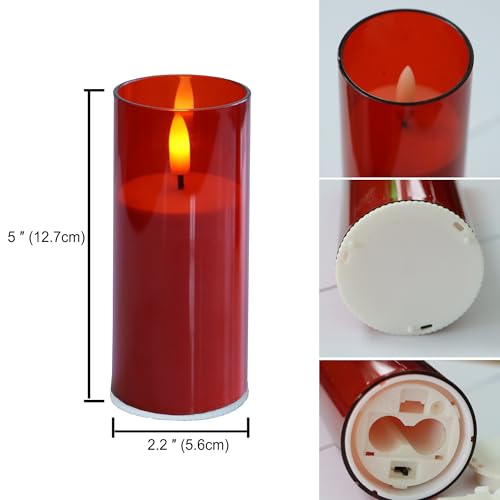 Image of CANDLE CHOICE Indoor Outdoor Flameless Candles with Timer Waterproof Realistic Flickering Battery Operated Pillar LED Lights with Acrylic Shell Wedding Party Christmas Decorations 6 Pack 2 inchx5 inch Red