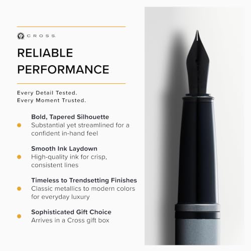 Image of Cross Calais Matte Gray & Black Refillable Fountain Pen - Fine Point, Black Ink, Smooth Writing, Presented in a Luxury Gift Box