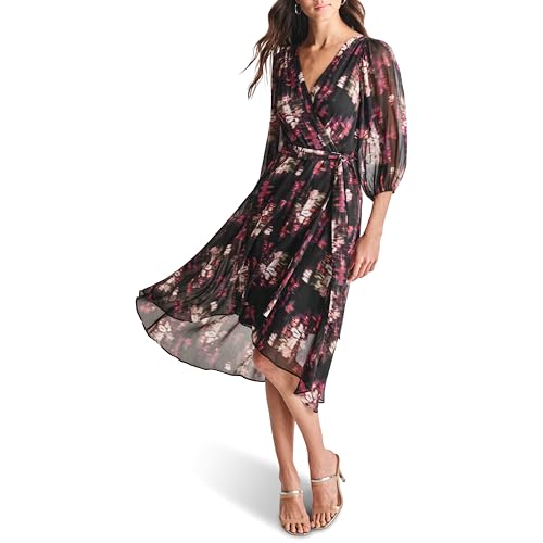 Image of DKNY Women's Chiffon Balloon Sleeve Faux Wrap Midi Dress with High-Low Hem