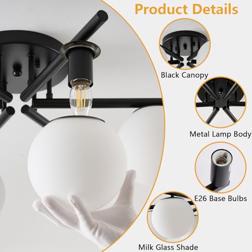 Image of 6-Light Sputnik Ceiling Light Fixture, Semi Flush Mount Ceiling Light with Milk Glass Globes, Black Mid Century Modern Chandelier for Living Room Bedroom Dining Room Hallway