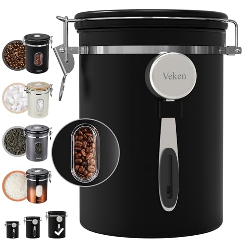 Image of Veken Large Coffee Canister with Window, Rice Kitchen Food Storage Airtight Stainless Steel Container with Lids, Date Tracker and Scoop, Grounds, Beans, Tea, Flour, Cereal, Sugar Jars, 38oz, Black