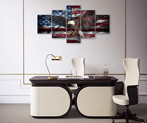 Wall Hdq American Flag Wall Art Vintage Usa Flag With Bald Eagle Wall Decor 5 Pieces Retro Military Canvas Print Painting Cool Eagle Spreads Its Wings Pictures For Bedroom Living Room (60''Wx32''H) #TOP3
