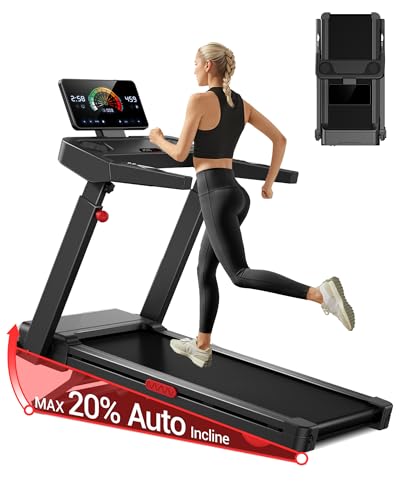 Treadmills for Home with 20% Auto Incline 14KM/H Foldable Treadmill with Handles Running Machine for Heavy People 180KG Weight Capacity Large Running Belt and Intelligent LED Touch Screen
