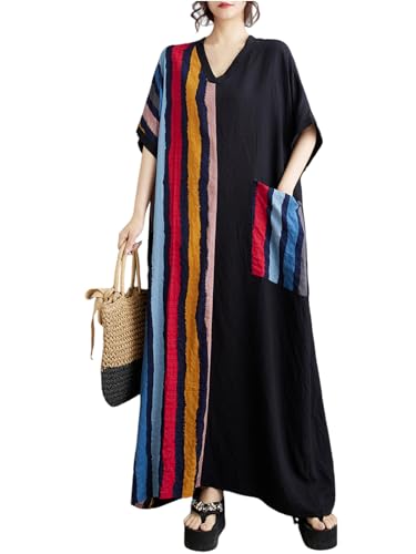 Image of Women Plus Size Dress Black and Color Stripes Patchwork Summer Casual V Neck Short Sleeves Long Dresses with Pockets