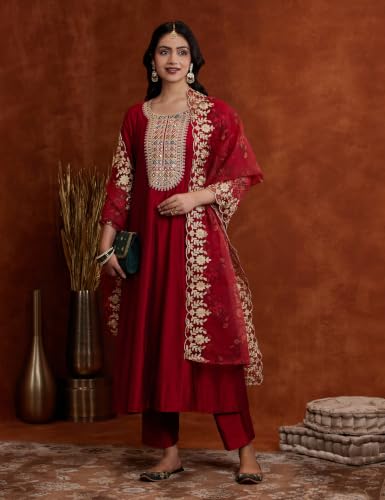 Image of Amazon Brand - Myx Women's Embroidered Anarkali Kurta Suit Set with Organza Dupatta | A-Line Fit (Available in Plus Sizes)
