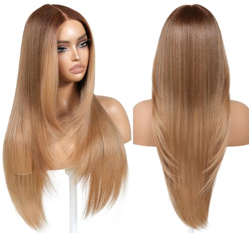 ENCOUNTERU Wear and Go Glueless Honey Blonde Wig with Bangs Pre Plucked Pre Cut Layered HD Lace Front Synthetic Wigs for Women Blonde Ombre Wig Ready to Wear Middle Part 26 Inch
