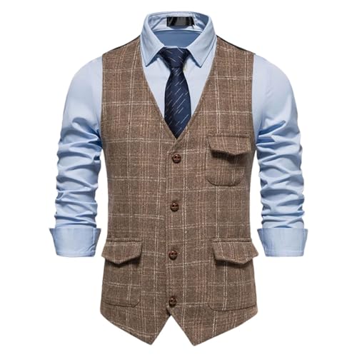 Men’S Formal V-Neck Tweed Herringbone Waistcoat Single Breasted Slim Fit Business Dress Suit Vests For Wedding