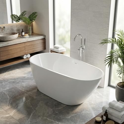 Image of 67 Inch Acrylic Freestanding Bathtub, Deep White Oval Pearl-Shape Soaking Tub, Modern Stand Alone Bathtub with Non-Slip Base, Chrome Overflow & Pop-Up Drain, Easy Assembly for Bathroom, Home, Spa