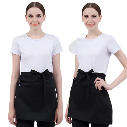 2 Stück Köche Schürze, Vorbinder Schürze mit 2 Taschen, Kurz Koche Schürzen, Kellnerschürze Grillschürze Baristaschürze für Herren Damen, Halbe Schürzen für Küche Kochen Backen, 58×43cm (Schwarz)