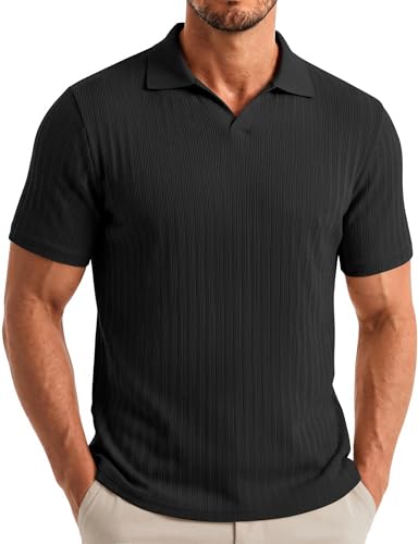 COOFANDY Mens V Neck Polo Shirts Short Sleeve Golf T-Shirts Ribbed Knit Soft Tees Black