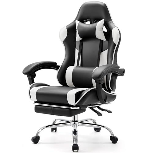 Sweetcrispy Computer Gaming Chair - Ergonomic High Back PU Leather Video Racing Chair with Adjustable Headrest & Footrest, Linkage Armrest, for Office and Home, White