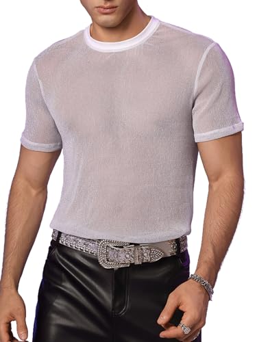 WDIRARA Men's Glitter Mesh Sheer Round Neck Short Sleeve T Shirt Shiny Tee Tops White X-Large