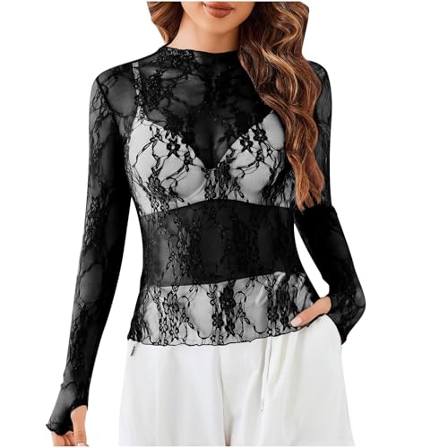 Womens Mesh Sheer Long Sleeve Tops Mock Neck Sexy See Through