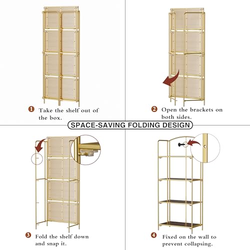 Crofy-4-Tier-Foldable-Bookshelf-Gold-Frame-Walnut-Shelves-No-Assembly-Collapsible-Portable-Storage-Organizer-Sturdy-Walnut-Finish-Shelves-Ideal-for-Living-Room-Home-Office
