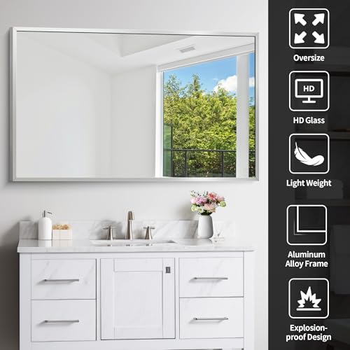 Image of COFENY Silver Bathroom Mirror for Wall, 30x48 Inch Rectangle Mirrors with Metal Frame, Modern Vanity Wall Mirror Decor for Bathroom Living Room, Entryway Hangs Horizontal or Vertical