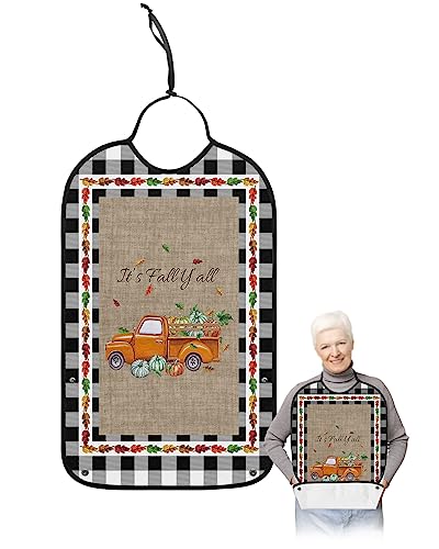 Thanksgiving Pumpkin Truck Adult Bibs for Eating, Waterproof Bibs with Food Catcher & Adjustable Snap Closure, Black White Plaid Fallen Leaves Burlap Clothing Protectors Adult Bibs for Elderly