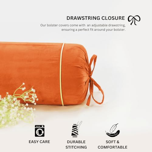 Image of AURAVE Suede 300 TC Printed Bolster Cover with Drawstring Closure, Set of 2, Soft Breathable Durable Machine Washable for Sofa Bed & Home Decor, 15 inchx30 inch, Orange | Cover Only