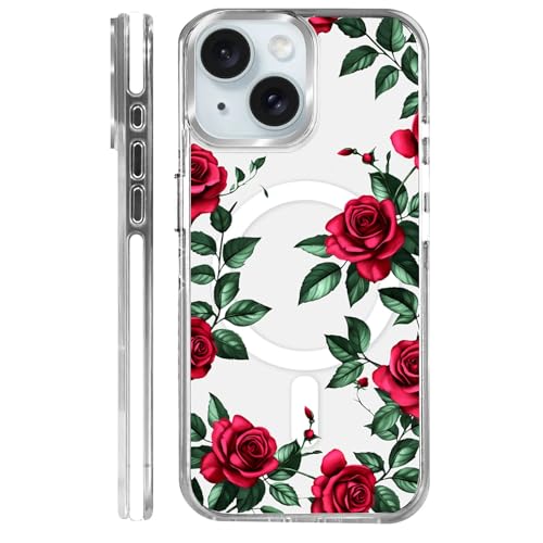 Coque iPhone 15 Magsafe pour fille motif rose romantique chic