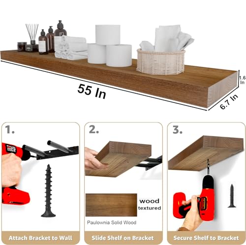 Image of IAE Walnut Floating Wall Shelves 55 inch, Bathroom Shelves Wall Mounted,Invisible Shelves Floating Kitchen Shelves,Wooden Wall Shelves with Brackets for Living Room Wall Mounted,Easy Install,Set of 2