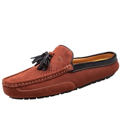 Mens Loafers Shoes Genuine Leather Tassel Stitching Details Perforated Breathable Flexible Comfortable Lightweight Flat Heel Slip Resistant