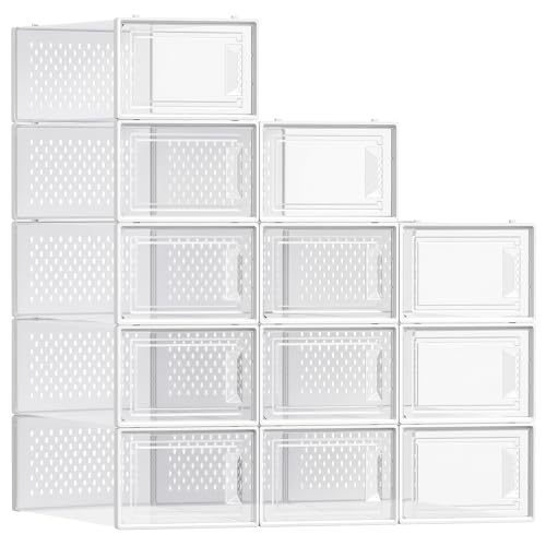 SONGMICS Shoe Boxes, Pack of 12 Shoe Storage Organizers, Stackable Clear Plastic Boxes for Closet...