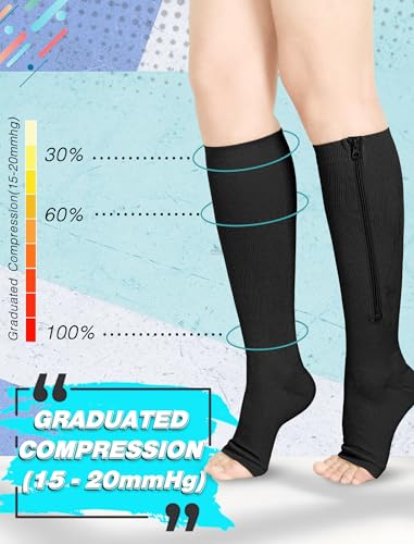 Image of Athbavib 2 Pairs Compression Socks for Women & Men with Zipper 15-20 mmhg, Wide Calf Open Toe Plus Size Compression Socks Men, Knee High Compression Stockings for Flying Nurses Pregnant Women Travel