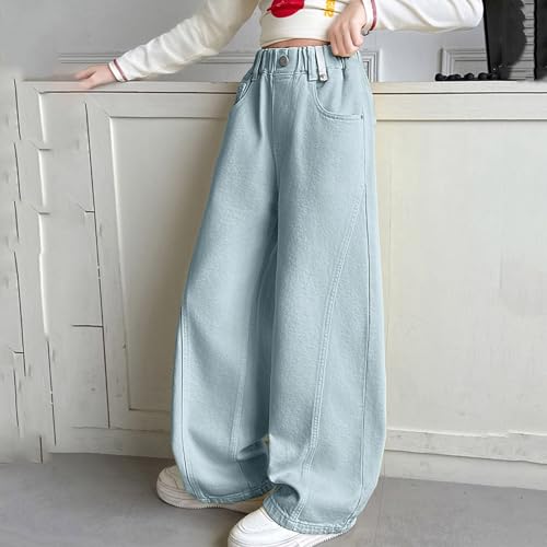 SoLu DAY8 Jean Baggy Enfant Fille Ete Taille Elastique 4-12 Ans été Pantalon Denim Jambe Large Ado Fille Ample a La Mode Confortable Pas Cher Chic École Casual Vacances (Blue, 11-12 Years) – vue 3